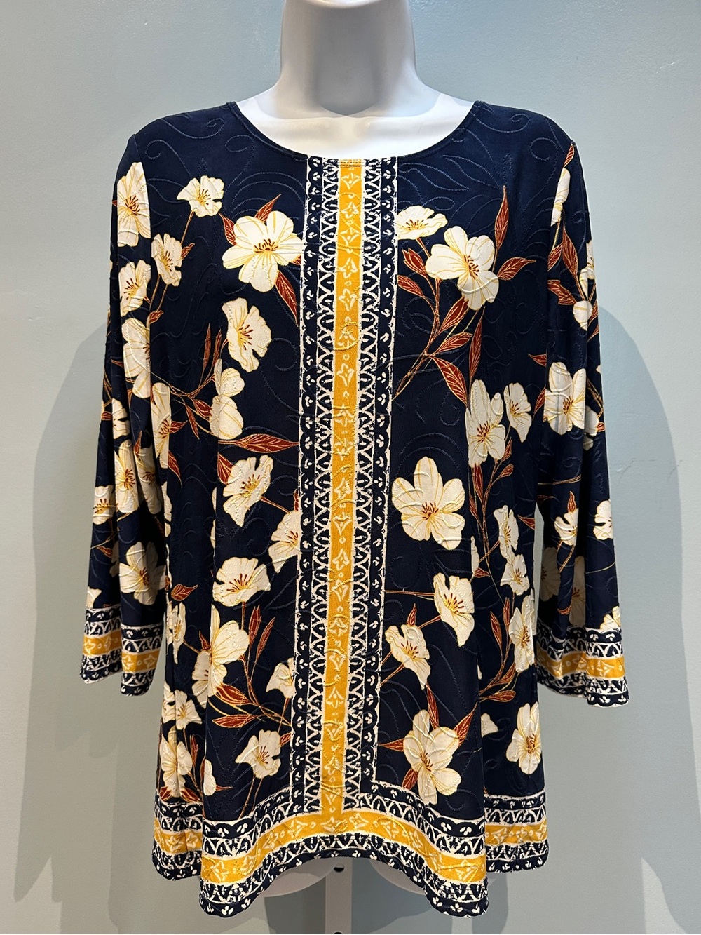 JM Collection Navy and Yellow Floral Blouse Medium